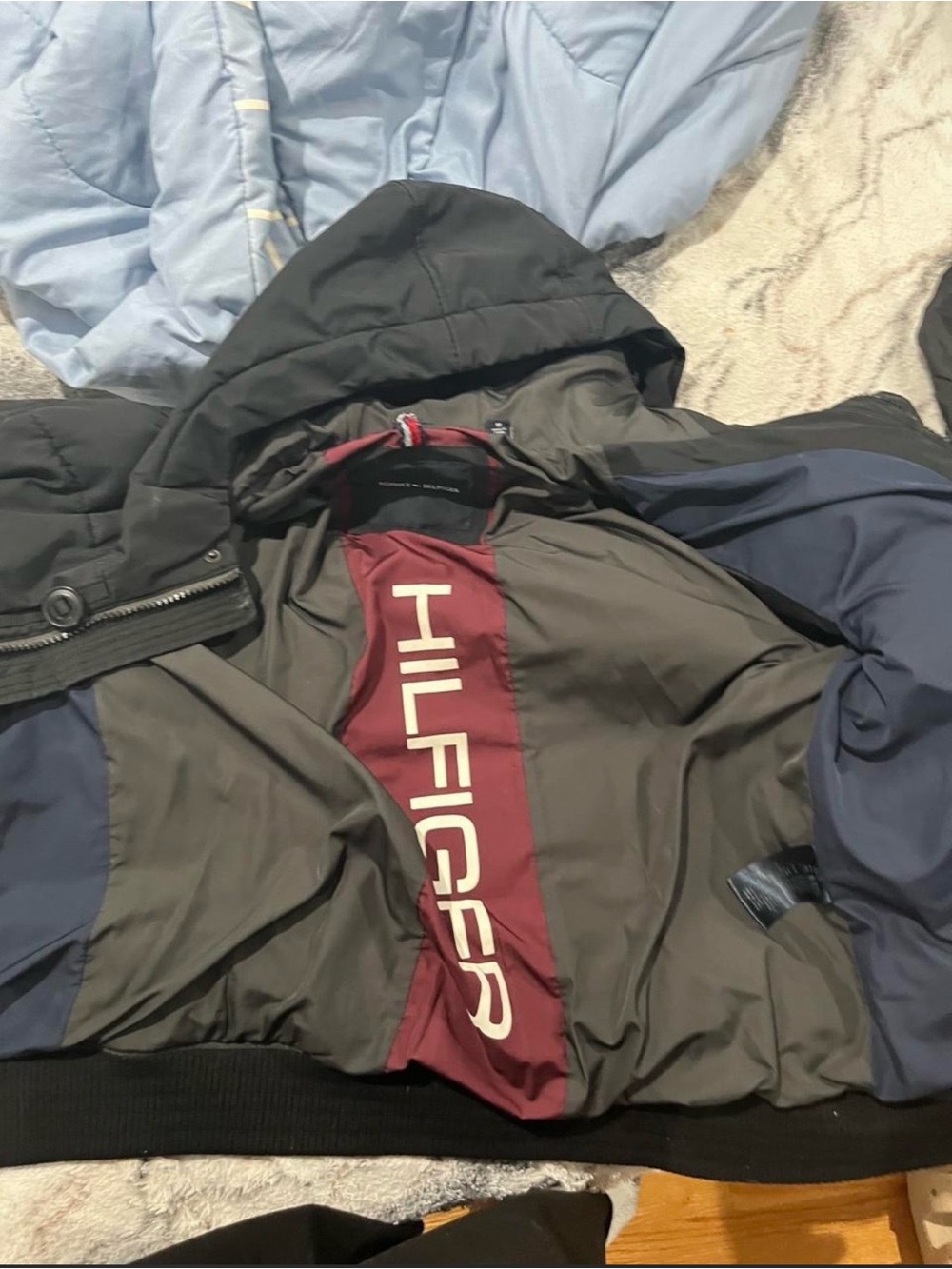 Tommy Hilfiger Navy, Black & Burgundy Hooded Varsity Jacket